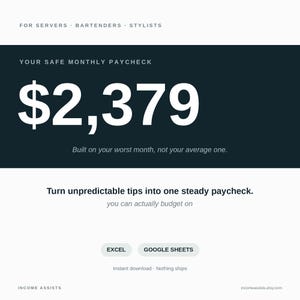 Server Tip Tracker Spreadsheet, Steady Paycheck Budget (Excel, Google Sheets)