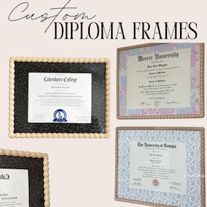 May include: Three rectangular diploma frames with light-coloured wooden bead borders. One frame features a black floral mat, while the others display patterned mats in pastel patchwork and blue floral designs. The text Custom DIPLOMA FRAMES is visible.