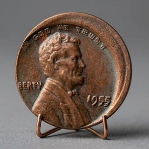 Moneda de un centavo Lincoln Wheat de 1955 con doble acuñación en el anverso (DDO), rara, de colección estadounidense.