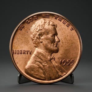 May include: A copper-colored United States one-cent coin featuring the profile of Abraham Lincoln facing right. The text IN GOD WE TRUST is arched at the top, LIBERTY is on the left, and the year 1955 is printed on the right side of the coin.