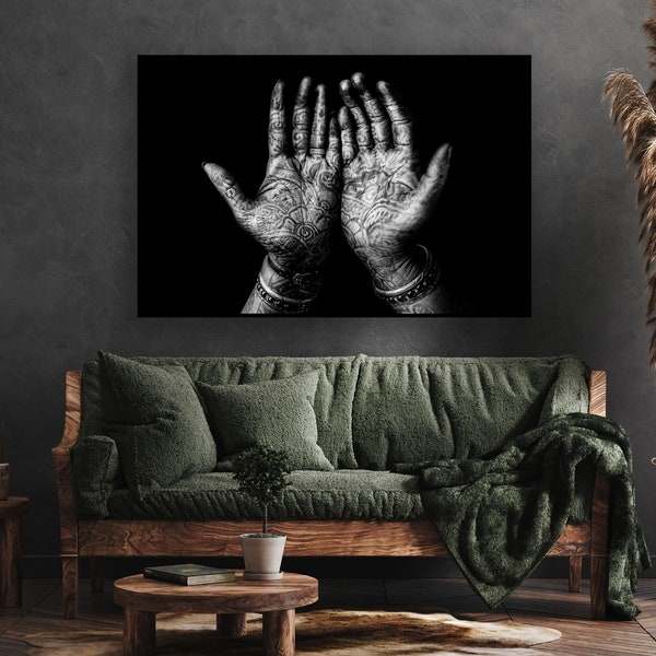 Henna hands Black and White, Housewarming gift, Large canvas Prints, Wall art