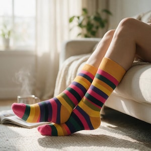May include: A pair of mid-calf socks featuring horizontal stripes in vibrant shades of yellow, orange, pink, dark green, and purple. The socks have a solid pink toe section and a solid yellow cuff at the top, providing a colourful and patterned design.