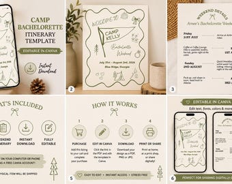 Sjabloon vrijgezellenreis kamp vrijgezellenfeest | Bewerkbare canvassjabloon | Weekendschema meidentrip | Direct downloaden
