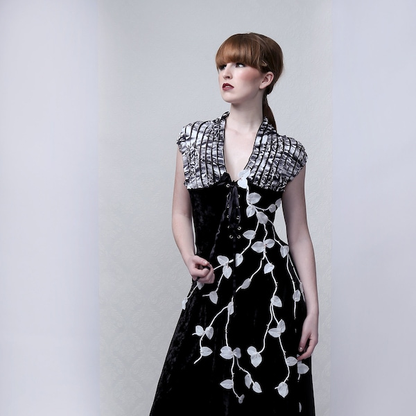 ROSES & THORNS - Couture dress, one-of-a-kind, long black velvet dress with hand embroidery