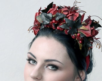 RUBY - Flower headdress with roses and ivory leafs perfect for prom night, gala, wedding, burning man, burlesque stage performance