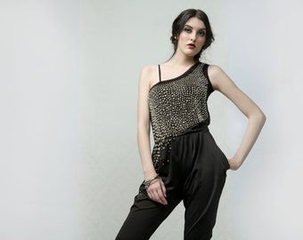 SPIKY - Black studded jumpsuit, playsuit, richly hand-embroidered with spike studs