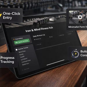 Pode incluir: Um tablet exibindo a interface Iron & Mind Fitness Hub com um registro de treino diário, tutoriais de exercícios e ações rápidas. Etiquetas pretas flutuantes destacam os recursos: One-Click Entry, Minimalist Form Videos, Progress Tracking e Build Consistency.