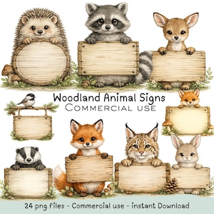 Pode incluir: Uma coleção de ilustrações digitais com animais da floresta, incluindo um ouriço, guaxinim, veado, raposa, lince, texugo e coelho, cada um segurando uma placa de madeira. O texto Woodland Animal Signs COMMERCIAL USE está centralizado.