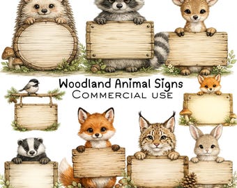 Woodland Animal Signs Clipart, Watercolor Forest Creatures, Blank Rustic Signs (Digital Download)