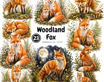 Woodland Fox Watercolor Clipart, Forest Animals PNG, Nursery Decor (Digital Download)