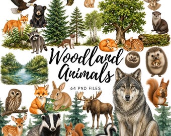 Watercolor Woodland Animals Clipart Bundle, Forest Creatures PNG Illustrations (Commercial Use)
