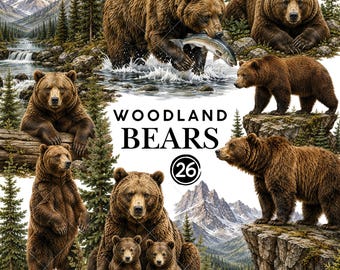 Realistic Watercolor Woodland Bears Clipart Bundle (26 PNGs)