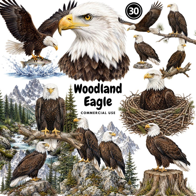 Bald eagle PNG clipart bundle featuring 30 detailed American eagle illustrations, including flying, fishing, nesting and perched birds. Woodland wildlife graphics with mountain scenery for sublimation, shirts, stickers, tumblers, scrapbooking, wall art and commercial-use designs.