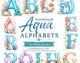 Watercolor Aqua Alphabet Png files - 28 Graphic Designs - Commercial use
