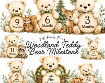 Woodland Teddy Bear Baby shower Milestone Clipart, Watercolor Baby PNG, commercial use