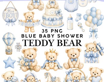 Blue Teddy Bear Baby Shower Clipart, Watercolor Boy PNG (Digital Download)