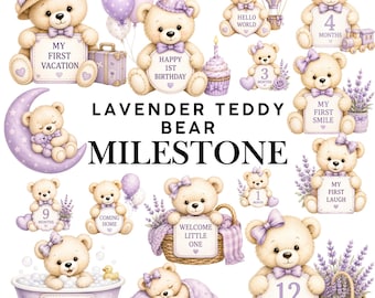 31 Lavender Teddy Bear Milestone Clipart - Nursery png files - baby shower Milestones - Commercial Use