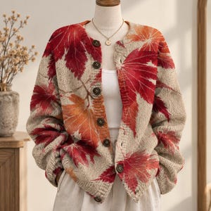 May include: A beige knit cardigan featuring a vibrant all-over print of red and orange maple leaves. The garment has a round neckline, long sleeves, and a front button closure with dark brown circular buttons. It is worn over a white top.