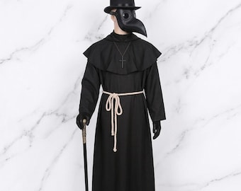 Plague Doctor-kostymset, svart kappa, näbbmask, hög hatt, käpp (en storlek)