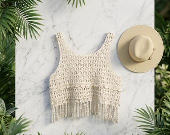 Tanktop met gehaakte franjes, boho-festivalgewas, zomerstrandjurk