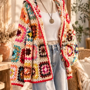 Puede incluir: Un cárdigan de manga larga con capucha hecho de cuadrados de ganchillo multicolores en tonos rosa, amarillo, azul y naranja, unidos por hilo color crema con un borde festoneado rojo brillante a lo largo de la abertura frontal y los puños.