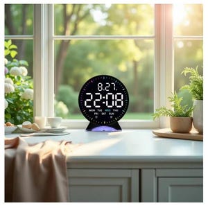 May include: A round digital clock with a black frame and a glowing display showing the time 22:08, the date 8.27, and the days of the week. The clock features a circular light ring around the edge and sits on a small, translucent base.
