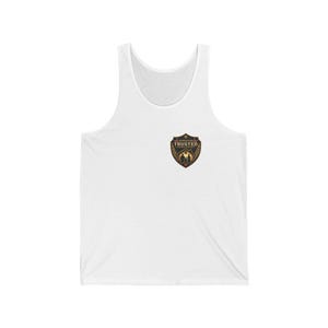 May include: A white sleeveless tank top featuring a dark shield-shaped emblem on the left chest. The emblem displays a house silhouette, a family icon, and the text "OPERATION TRUSTED HOMETOWN" in gold and black lettering with wheat stalks.