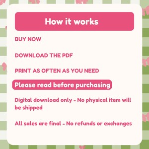 Może przedstawiać: Biała grafika informacyjna z zielono-białym tłem w kratkę i r&oacute;żowym tekstem: How it works, BUY NOW, DOWNLOAD THE PDF, PRINT AS OFTEN AS YOU NEED, Please read before purchasing, Digital download only, All sales are final.