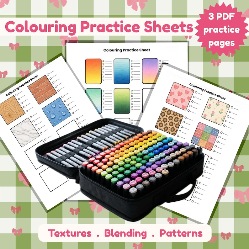 Może przedstawiać: Trzy białe arkusze papieru z napisem Colouring Practice Sheet przedstawiające r&oacute;żne tekstury, wzory i gradienty mieszania kolor&oacute;w, umieszczone za czarnym pi&oacute;rnikiem z zamkiem błyskawicznym wypełnionym dużą kolekcją kolorowych marker&oacute;w.