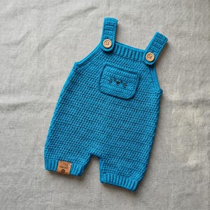 Pode incluir: Um macacão de crochê azul brilhante com duas alças com botões de madeira castanho-claro, um bolso quadrado no peito com um pequeno rosto de gato bordado e uma etiqueta de tecido bege com a inscrição Little Threads na bainha inferior.