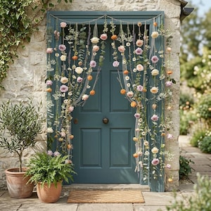 Pode incluir: Uma porta azul-petróleo emoldurada por guirlandas florais suspensas com rosas cor-de-rosa, laranja e brancas, ramos de gipsófila e folhas verdes de eucalipto. As guirlandas estão presas a um fio fino no topo da moldura da porta.