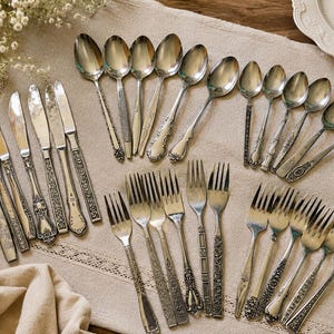 Vintage Mismatched Stainless Steel Flatware Set for 6 | 30-Piece Floral Mid Century Silverware