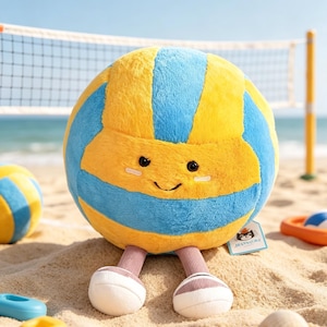 May include: A plush volleyball toy with a soft yellow and blue fuzzy texture, featuring a stitched smiling face with black eyes, two thin brown legs, and white sneakers. A small white tag with the Jellycat logo is attached to the side.
