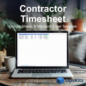 Può includere: Uno schermo di un portatile che mostra un modello di foglio presenze per appaltatori per Google Sheets e Microsoft Excel. Il foglio di calcolo include colonne per nome progetto, cliente, tariffa oraria, ore lavorate e totale, con logo OpsKits.
