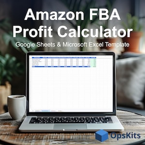 May include: A laptop displaying an Amazon FBA Profit Calculator spreadsheet template for Google Sheets and Microsoft Excel. The screen shows columns for product data and financial metrics. A small blue cube logo with the text OpsKits is visible.