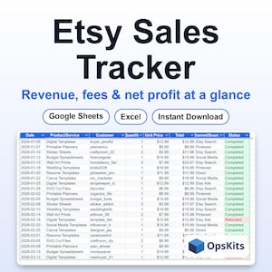 Puede incluir: Una plantilla de hoja de cálculo digital Etsy Sales Tracker con el texto "Etsy Sales Tracker" y "Revenue, fees & net profit at a glance". Incluye botones para "Google Sheets", "Excel" e "Instant Download" sobre una tabla de datos.