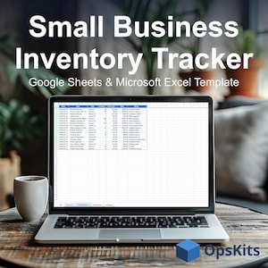 Könnte beinhalten: Ein Laptop-Bildschirm mit einer Inventar-Tracking-Vorlage für kleine Unternehmen für Google Sheets und Microsoft Excel. Die Tabelle zeigt Spalten für Datum, Artikel, Typ, Menge, Stückkosten, Summe und Notizen. Das OpsKits-Logo ist sichtbar.