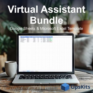 以下が含まれることがあります： Virtual Assistant Bundle Google Sheets & Microsoft Excel TemplateというテキストとOpsKitsのロゴが表示されたノートパソコン。画面には、クライアント、レート、時間、ステータスの列があるプロジェクト追跡テーブルが表示されています。