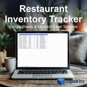 Könnte beinhalten: Ein Laptop mit einer Restaurant Inventory Tracker-Tabelle für Google Sheets und Microsoft Excel. Der Bildschirm zeigt Spalten für Datum, Artikel, Typ, Menge, Stückkosten, Gesamtbetrag und Lieferant. Ein kleines blaues Würfellogo mit der Aufschrift OpsKits ist zu sehen.