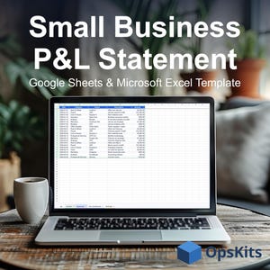 Könnte beinhalten: Ein Laptop zeigt eine Gewinn- und Verlustrechnungsvorlage für kleine Unternehmen in Google Sheets und Microsoft Excel. Der Bildschirm zeigt eine Finanzübersicht mit Spalten für Datum, Kategorie, Anbieter, Beschreibung und Betrag.