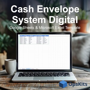 May include: A laptop displaying a digital cash envelope system spreadsheet for Google Sheets and Microsoft Excel. The screen shows a table with columns for date, category, description, amount, payment method, and notes. The logo OpsKits is visible.
