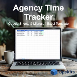 Puede incluir: Un portátil que muestra una plantilla de seguimiento de tiempo de agencia para Google Sheets y Microsoft Excel. La pantalla muestra una hoja de cálculo de gestión de proyectos con columnas para nombre de proyecto, cliente y estado. El logo de OpsKits es visible.