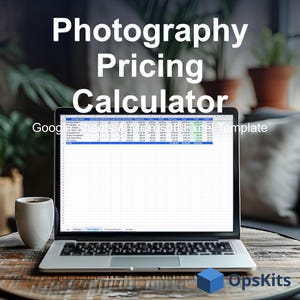 May include: A laptop displaying a Photography Pricing Calculator spreadsheet template for Google Sheets and Microsoft Excel. The screen shows columns of financial data, and the OpsKits logo is visible in the bottom right corner of the image.