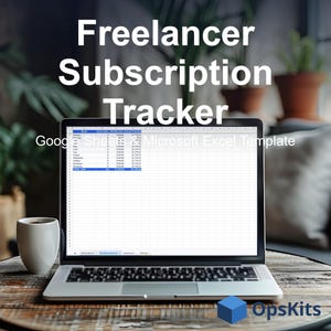 Puede incluir: Una pantalla de portátil que muestra una plantilla de hoja de cálculo Freelancer Subscription Tracker para Google Sheets y Microsoft Excel. La pantalla muestra una tabla financiera mensual con columnas para mes, fecha y pagos anuales.