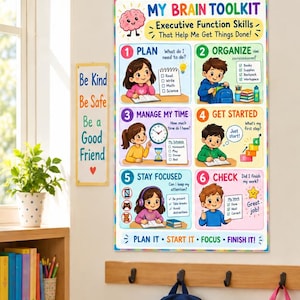 Puede incluir: Un póster educativo de 30,5 cm x 45,7 cm titulado My Brain Toolkit que presenta seis pasos numerados para las funciones ejecutivas. El gráfico colorido incluye ilustraciones de niños realizando tareas como planificar, organizar, gestionar el tiempo, empezar, concentrarse y revisar el trabajo.