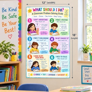 Op de afbeelding: Een educatieve poster van 30,48 cm bij 45,72 cm met de titel What Should I Do? A Classroom Problem-Solving Guide. De poster bevat zes genummerde secties met illustraties van kinderen en tekst met strategieën voor veelvoorkomende schooluitdagingen.
