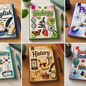 May include: A collection of six hardback notebooks featuring illustrated covers for English, Biology, Physics, Chemistry, History, and Social Studies. Each notebook displays subject-specific graphics like a microscope, atom, globe, and historical artefacts.