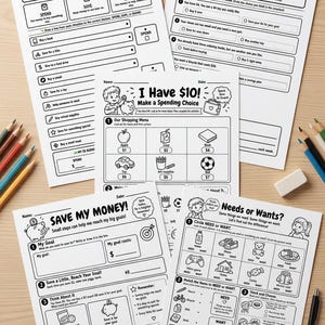 May include: A collection of five educational worksheets focused on financial literacy for children, featuring black text and line art illustrations on white paper. The pages include titles like Where Should My Money Go, Smart Money Choices, I Have $10, Save My Money, and Needs or Wants.