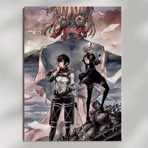 Mikasa 2B Anime Crossover Dark Poster, Gothic Warrior Fantasy Print, Bedroom Wall Art