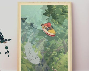 Ponyo Anime Art Print, Aerial Ocean Nature Poster, Cottagecore Bedroom Living Room Wall Art